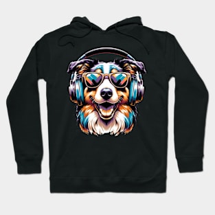 Australian Shepherd Smiling DJ with Stylish Headphones Hoodie